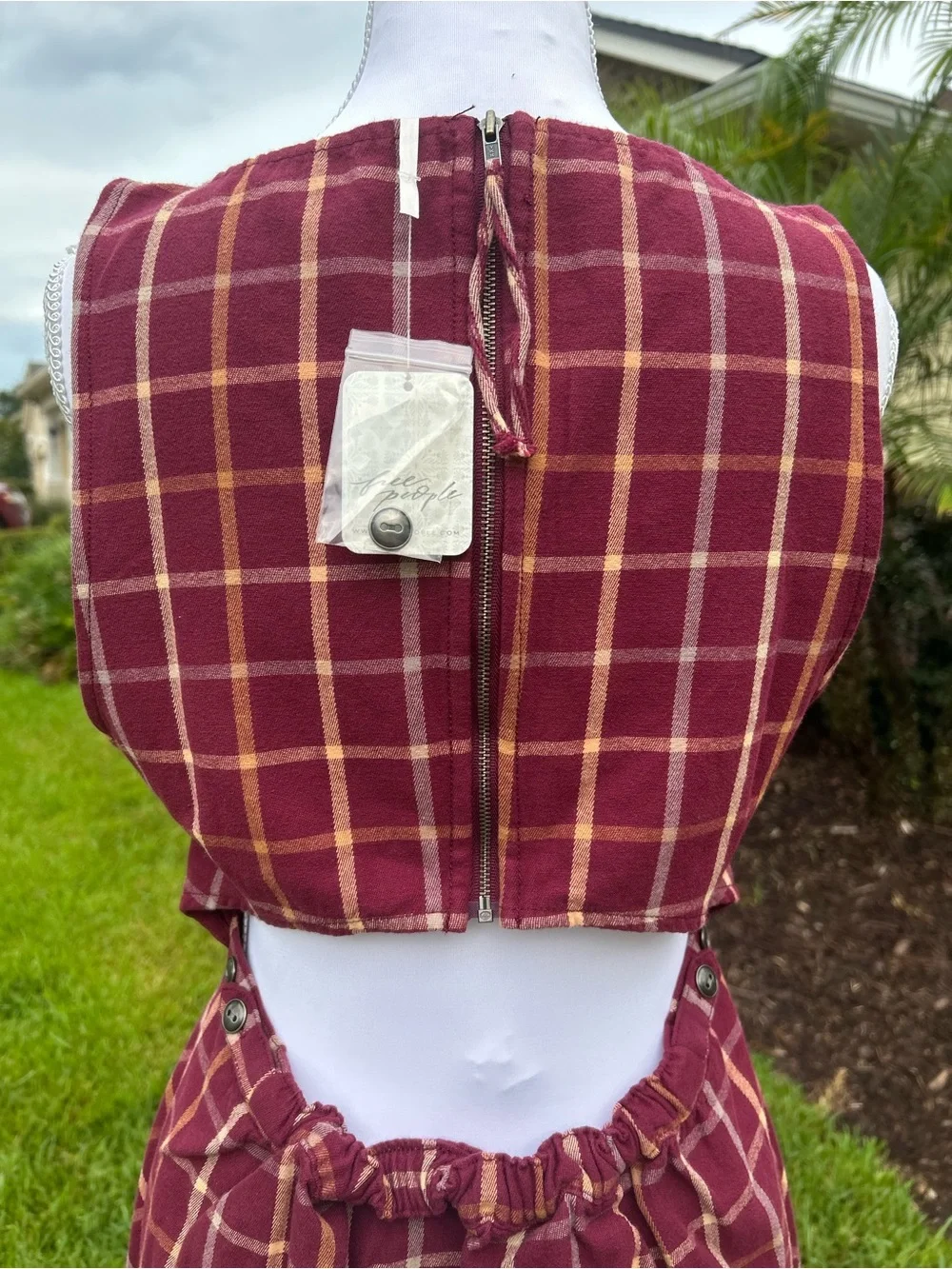 NWT🌷(S) Free People Plaid Printed Boat Neck Sleeveless Back Cut-Out Mini Dress